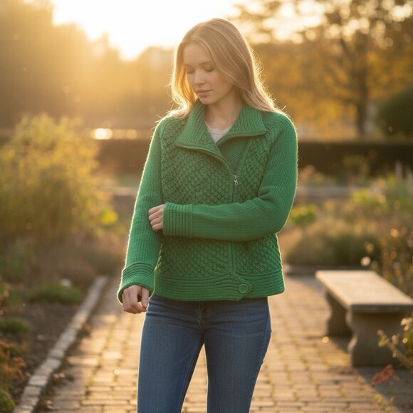 Moda International Kelly Green Full Zip Textured Cardigan Sweater Womens Medium - Picture 1 of 11